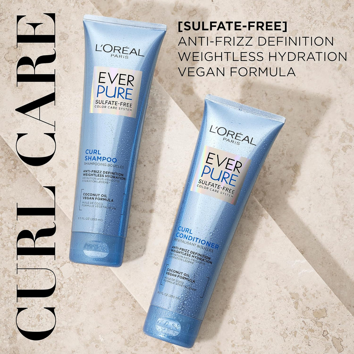L'Oreal Paris Sulfate Free Shampoo for Curly Hair, Lightweight, Anti-Frizz Hair Care with Coconut Oil, EverPure, 8.5 Fl Oz (Packaging May Vary)