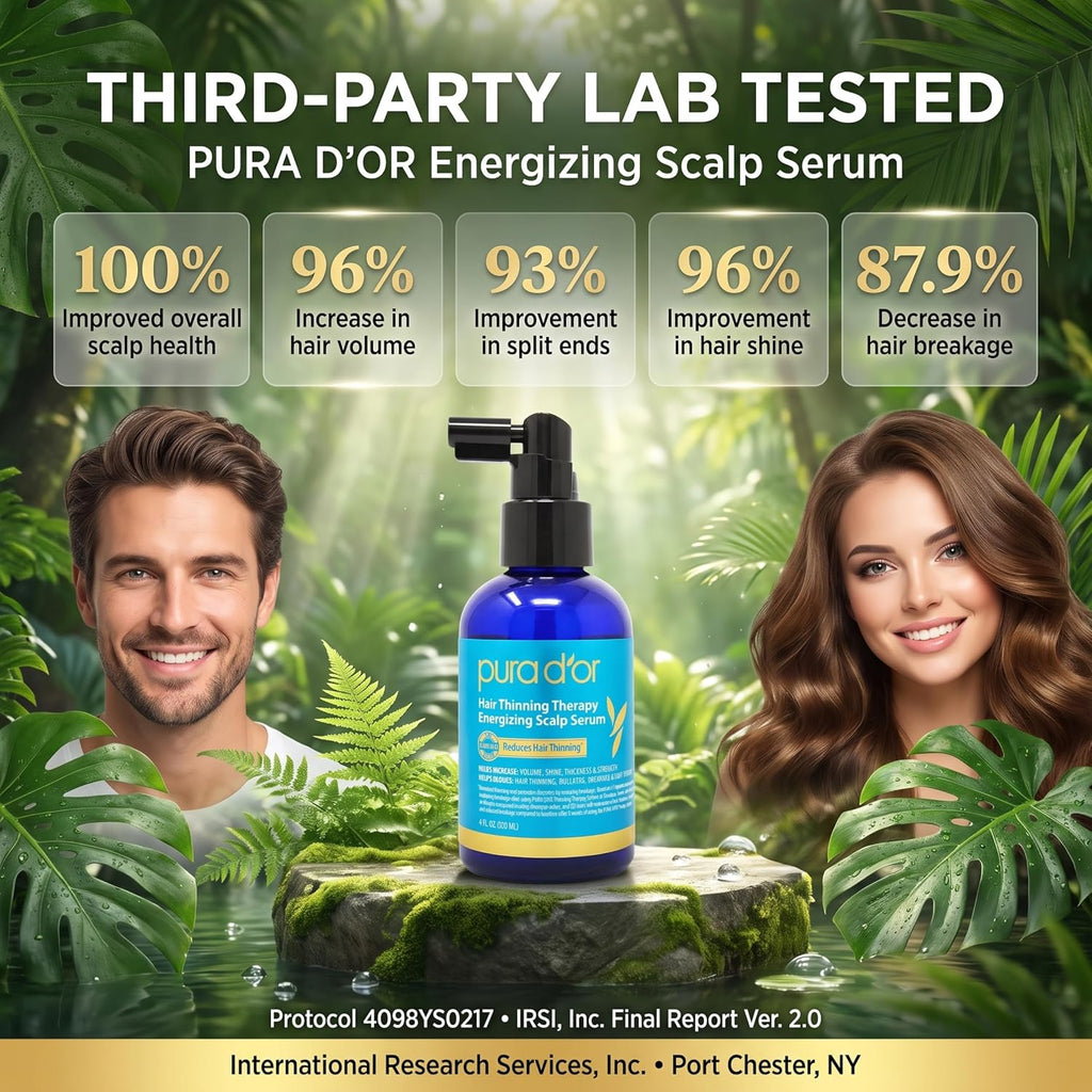 PURA D'OR Hair Thinning Therapy Energizing Scalp Serum 4oz w/Copper Tripeptide, Biotin, Caffeine, Plant Stem Cell, Catalase & DHT Balance, Rosemary Green Tea Leaf Extract, All Hair Types, Men Women
