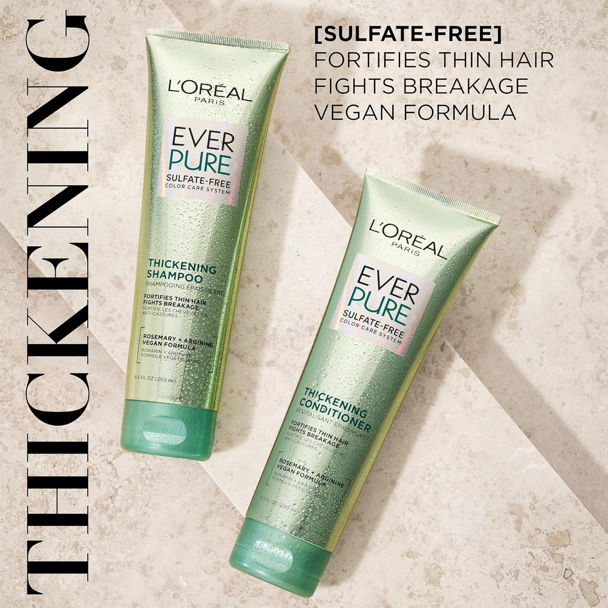 L'Oreal Paris Thickening Sulfate Free Shampoo, Thickens + Strengthens Thin, Fragile Hair, Hair Care with Rosemary Leaf, EverPure, 8.5 Fl Oz (Packaging May Vary)