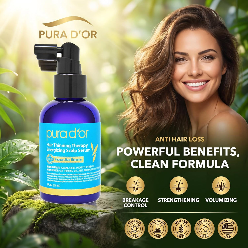 PURA D'OR Hair Thinning Therapy Energizing Scalp Serum 4oz w/Copper Tripeptide, Biotin, Caffeine, Plant Stem Cell, Catalase & DHT Balance, Rosemary Green Tea Leaf Extract, All Hair Types, Men Women